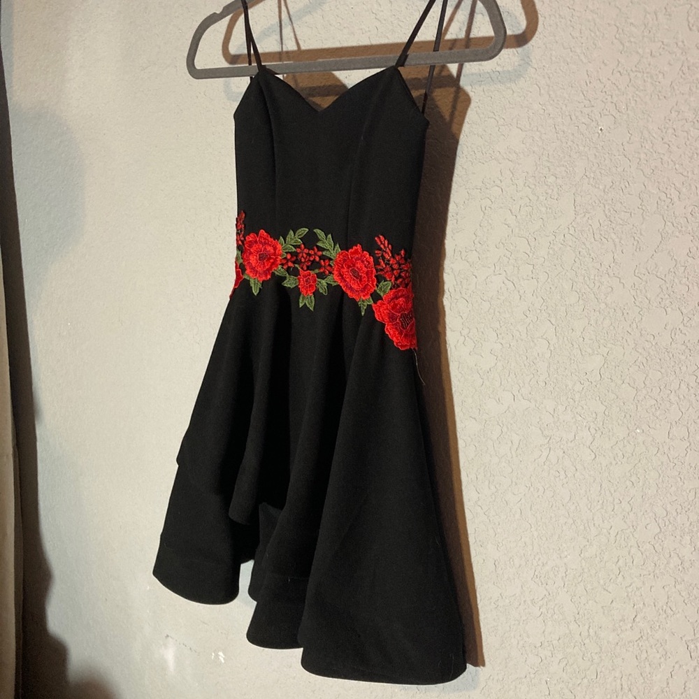 Black formal dress with flower overlay